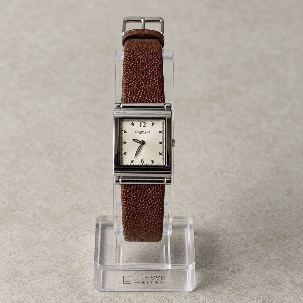Kenneth Cole Womens Watch Tank Stainless Square Brown Leather Band New Battery